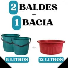 Kit 2 Baldes 8 Litros com Alça + Bacia 12L – Plástico Resistente / Cores Sortidas - TOY BF08/BA12