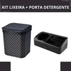 Kit Lixeira de Pia Rattan 5 litros + Porta Detergente Sabão Bucha Rattan Preto - TOY 25809/25852
