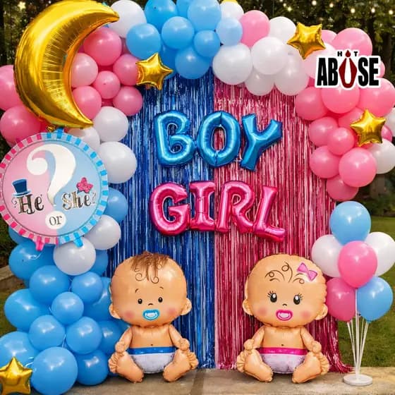 Kit Chá Revelação Decoração Bebe Menino ou Menina 63 peças balões cortina azul e rosa