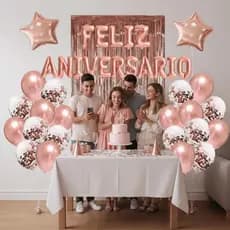 Kit Feliz Aniversário Rosê + 2 Cortinas Metalizadas + Balões Decorativos Festa