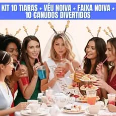 Kit Despedida de Solteira 10 Canudos Divertidos + 10 Tiaras + Véu Noiva Bride + Faixa Bride to Be