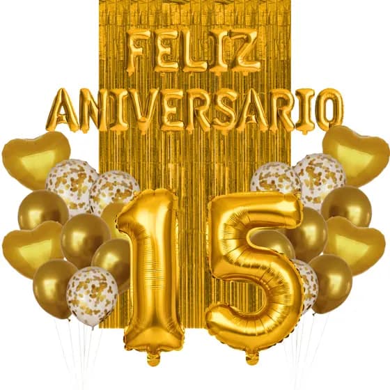 Kit Feliz Aniversário Dourado Completo com Cenário Decorativo, Buquê de Balões, Cortina e 2 Números