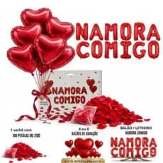 Kit Surpresa Pedido de Namoro Linha Luxo com 100 Pétalas, Balões Coração e Frase “Namora Comigo” Completa