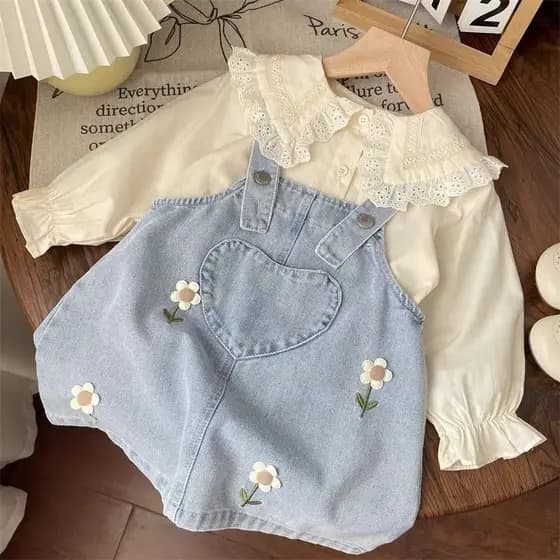 Pronto estoque Meninas primavera terno novo estilo versão coreana flor bordado Denim colete saia boneca gola camisa de d