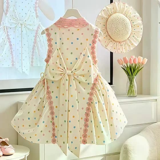 Meninas manga voadora Polka Dot vestido novo estilo verão Super bonito vestido de princesa vestido de praia sem mangas n
