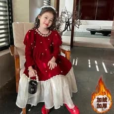 Pronto estoque Meninas outono inverno saia festiva novo estilo elegante forro de lã vermelha vestido crianças manga bufa