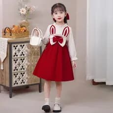 Vestido infantil outono inverno estilo vermelho Plus veludo engrossado orelhas de coelho vestido de princesa meninas laç