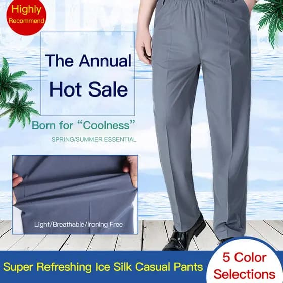【Ideal Para Idosos】Quần dài nam mùa hè thoáng khí bằng lụa băng, cạp chun/Calças de Verão/Leveza/Elástico