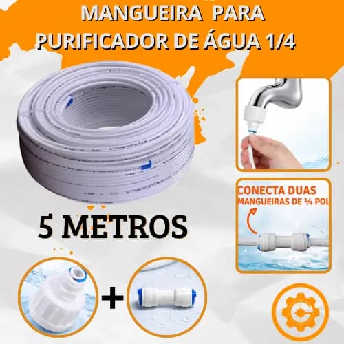 5 Metros Mangueira Atóxica Branca 1/4” PEBD Purificador, Bebedouro, Filtro de Água + Conexões