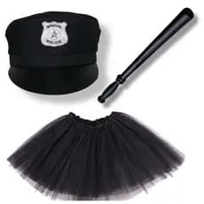Kit Policial 3 Itens / Quepe Policial + Cassetete + Saia Tule preta / Fantasia Carnaval / ADULTO