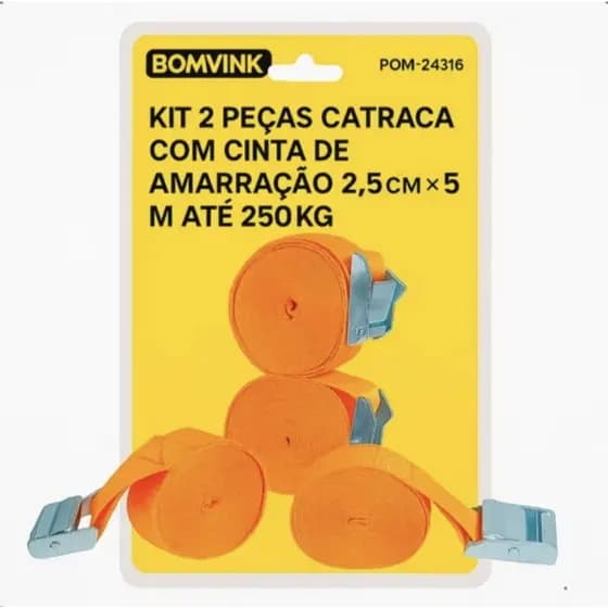 Cinta Catraca Amarração 2,5m Reforçada 250kg Laranja Pequena Presilha Fita Moto Mercadoria Caixa Baú