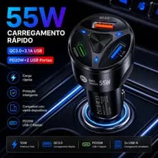 Carregador Veicular Turbo 55W USB-C PD20W QC3.0 3 Portas Carga Rápida iPhone Samsung Xiaomi