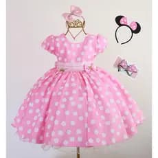 Vestido Minnie Rosa Festa Luxo com Duas Tiaras e Faixa