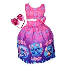 Vestido De Festa Luxo Infantil Rosa Menina Stitch Divertidamente