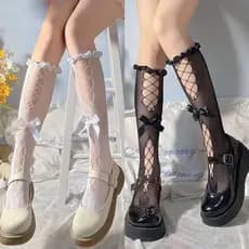 Doce Lolita Meninas Bowknot Oco Meias Longas Japonês Fishnet Maré Rendas Bezerro Arco Cruz Laços JK Finas