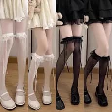 Ruffle Longo Meias De Seda Feminino Meninas Doce Ultra-Fino JK Lolita Náilon Rendas Leggings Sobre O Joelho Bowknot