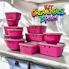KIT 15 POTES PLASTICOS ORGANIZADORES REDONDO , QUADRADO E RETANGULAR ROSA