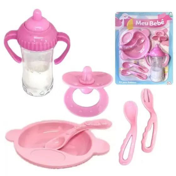 Kit para Boneca 06 Peças 01 Mamadeira Mágica + 1 prato + 3 talheres + 1 Chupeta - Ark Toys