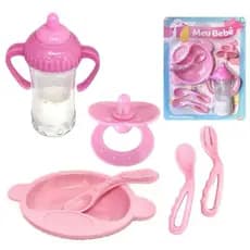 Kit para Boneca 06 Peças 01 Mamadeira Mágica + 1 prato + 3 talheres + 1 Chupeta - Ark Toys