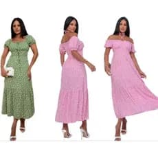 Vestido Floral Midi Manga Curta Femenino Forrado Elastex nas Costas