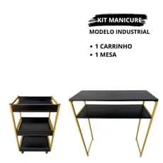 Kit Mesinha Para Manicure + Carrinho Organizador Auxiliar com Rodinhas Modelo Industrial Dourado