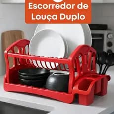 Escorredor  Organizador Cozinha Pia Duplo Louça Talheres Copos Pratos Decoração Casa Vermelho