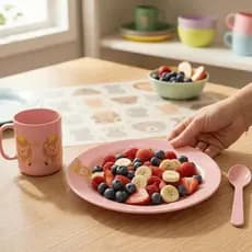 Kit Refeição Infantil Rosa Caneca 450ml Prato Colher Plástico Escola Festa Criança Decorado Reforçado