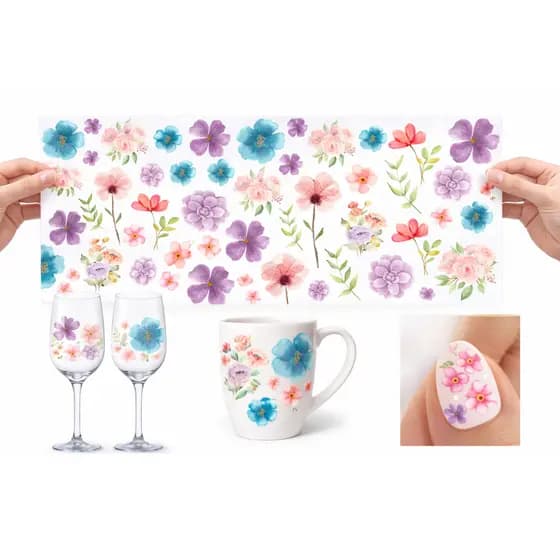 Adesivo Decorativo DTF UV Flores A4 | Impermeável | Para Caneca, Copo, Vidro, Garrafa e Utensílios