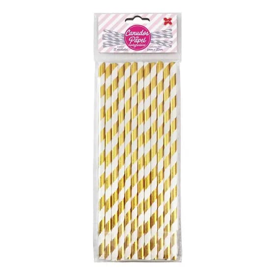 Canudo de Papel Metalizado Listra Dourado C/ Branco 6mmx200mm - 4301 - 12, 24, 36, 48, 60 unidades