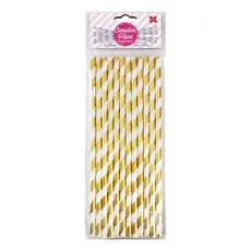 Canudo de Papel Metalizado Listra Dourado C/ Branco 6mmx200mm - 4301 - 12, 24, 36, 48, 60 unidades