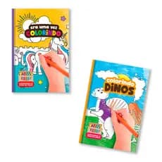 Livro Infantil Para Colorir Lavável Dinos e Era Uma Vez + Giz de Cera