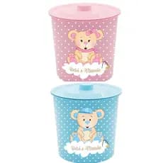 Lixeira Redonda para Quarto Mamãe Bebê Ursinho com Tampa - Rosa e Azul