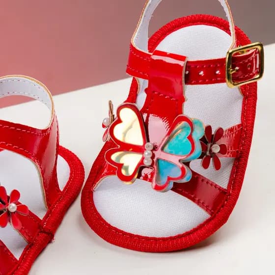 Sandália Infantil Bebê Recém Nascida Menina Borboleta Vermelha Confortável Benne Kids Envio Rápido