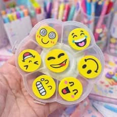 Kit Borracha Emoji Smile 7 Unidades 4cm com Estojo organizador - Papelaria Fofa - Material Escolar