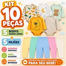 Kit 10 Peças Roupinha de Bebê Body Manga Longa Estampado e Mijão Infantil