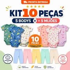 Kit 10 Peças Roupinha de Bebê Body Curto Estampado e Mijão Infantil