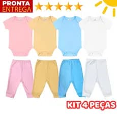 Kit 4 Peças Mijão Calça E Body Manga Curta Infantil Bebê Menino E Menina