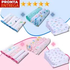 Kit 14 Peças Enxoval Bebe 3 Cueiros 6 Paninhos De Boca E 5 Fraldas 100% Algodão Flanelado Estampado