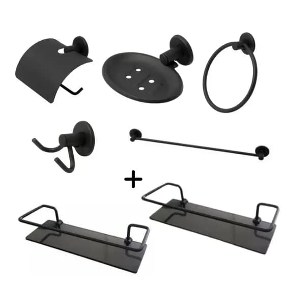 KIT BANHEIRO STANDER PRETO EM ALUMINIO E DOIS PORTA SHAMPOO RETO 7 PEÇAS