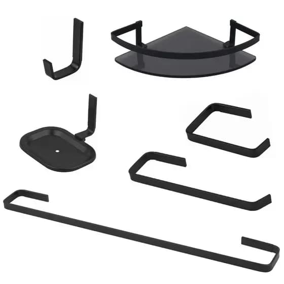 Kit Acessórios Banheiro Quadrado Preto 5 Peças + Porta Shampoo Barra Chata Canto Vidro Fumê