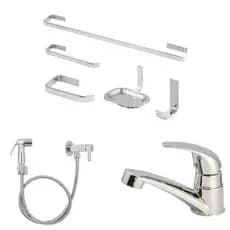 Kit Banheiro 5 Peças Quadrado Cromado + Torneira Lavatório Mono Up ABS Cromada + Kit Ducha Higiênica Bidê