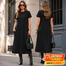 Vestido Feminino Midi Soltinho Manga Curta Casual Fenda Lateral com Bolso Externo Versátil M ao GG