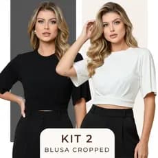 Kit 2 Blusa Cropped Feminino Manga Curta Ampla Morcego Afina Cintura Casual M, G, GG