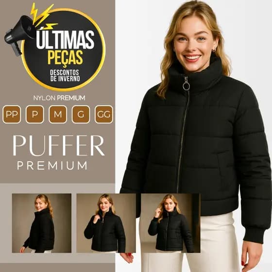 Jaqueta Puffer Impermeável Feminina Gola Alta Zíper Reforçado e Bolso Peluciado