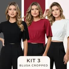 Kit 3 Blusa Cropped Feminino Manga Curta Ampla Morcego Afina Cintura Casual M, G, GG