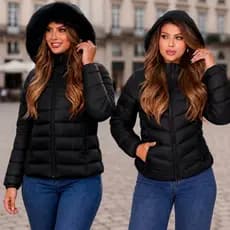 Jaqueta Feminina Puffer Impermeável Bolso Zíper Reforçado Capuz Removível Pelúcia ou Liso P ao GG