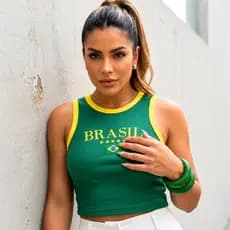 Blusa Regata Cropped Feminino Bicolor Brasil Copa do Mundo Virginia P ao GG
