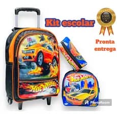 Kit Mochila Escolar Rodinhas, Lancheira e estojo