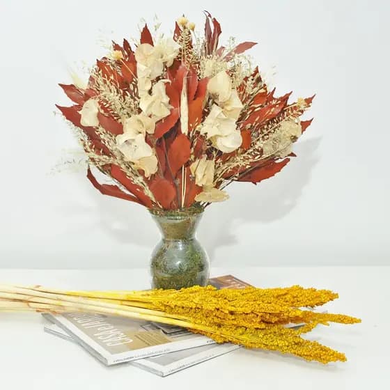 Arranjo Buquê flores desidratadas com vaso de vidro decoração centro de mesa
