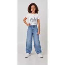 CALÇA JEANS MENINA WIDE LEG COM REGULADOR NO CÓS TAMANHOS 04 AO 16 FEMININA
